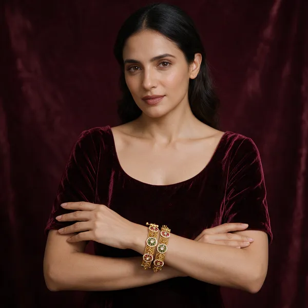Gold-Toned_Copper_Alloy_Kundan_Floral_Ruby_Green_Stone_Bangles_For_Women