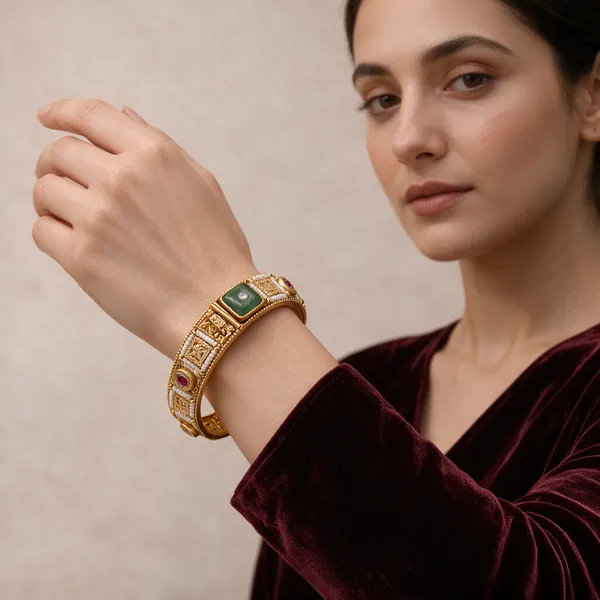 Gold-Toned_Copper_Alloy_Kundan_Green_Ruby_Stone_Bangles_For_Women