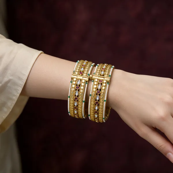 Gold-Toned_Copper_Alloy_Kundan_Pearl_Ruby_Green_Stone_Bangles_For_Women
