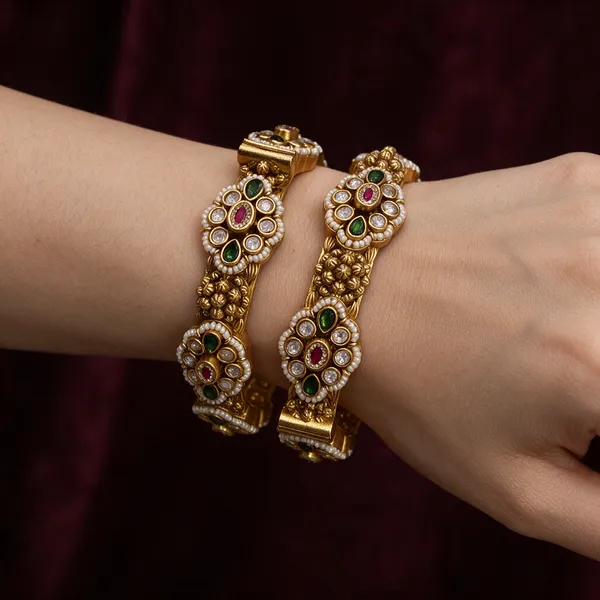 Gold-Toned_Copper_Alloy_Kundan_Pearl_Green_Ruby_Stone_Bangles_For_Women