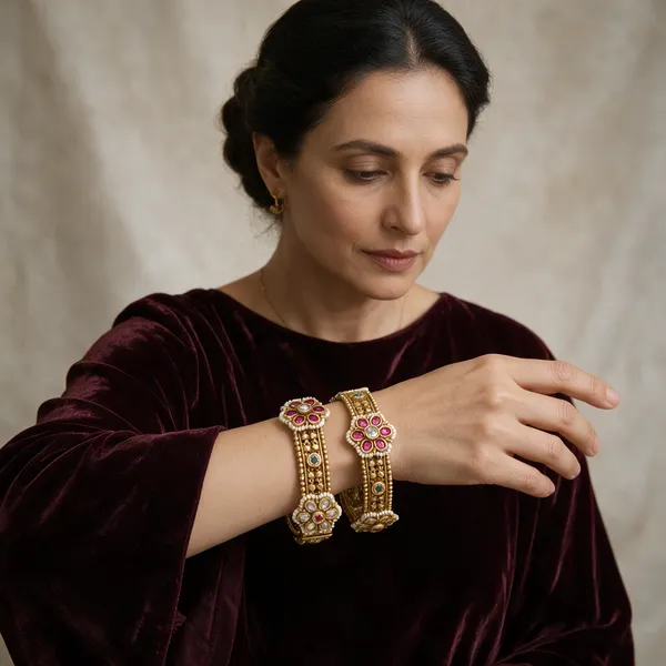 Gold-Toned_Copper_Alloy_Floral_Ruby_Stone_Bangle_Set_For_Women