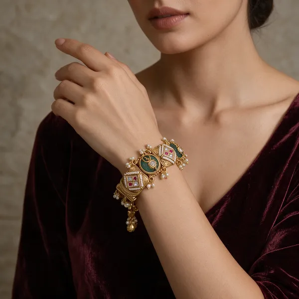 Gold-Toned_Copper_Alloy_Kundan_Emerald_Pearl_Bangle_Set_For_Women