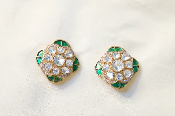 Multicolor_Alloy_Kundan_Green_Enamel_Stud_Earrings_For_Women