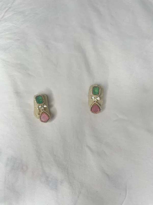 Gold-Toned_Green_Pink_Crystal_Halo_Stone_Necklace_Set_For_Women