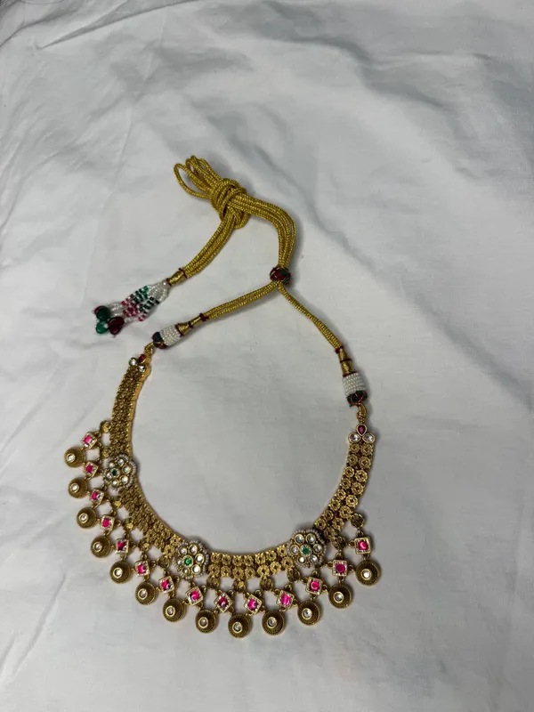 Antique_Gold-Toned_Pink_Green_Stone_Necklace_And_Jhumka_Set_For_Women