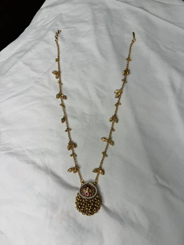Antique_Gold_Pink_Stone_Pendant_Necklace_Set_With_Earrings_For_Women