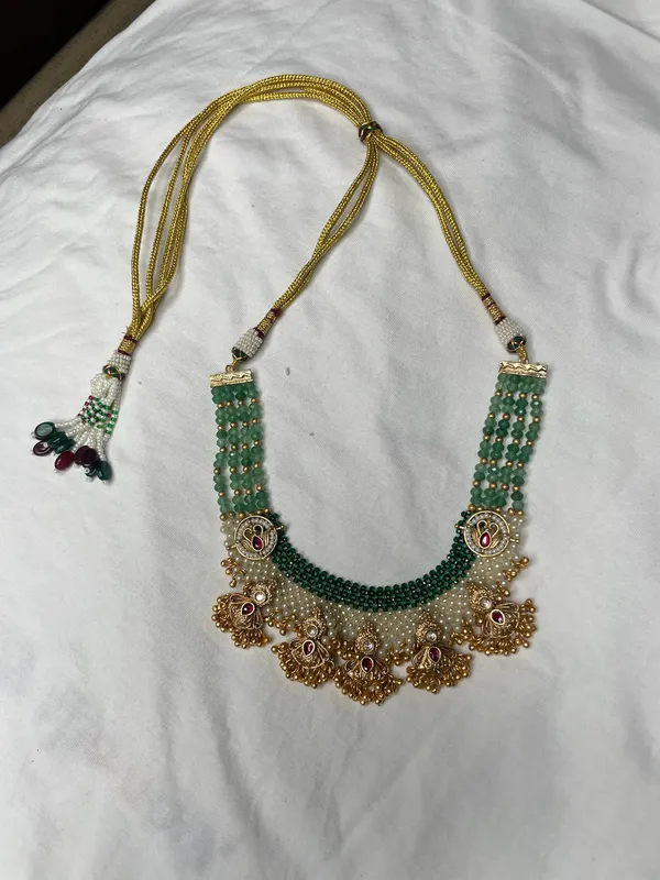 Multicolor_Antique_Gold_Green_Beaded_Kundan_Necklace_And_Jhumka_Set_For_Women