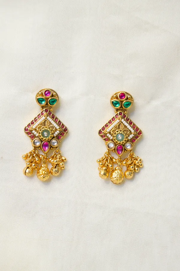 Gold_Toned_Multi_Stone_Floral_Drop_Earrings_For_Women