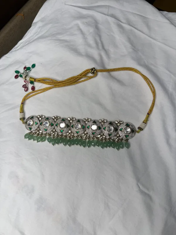 Silver_Green_Stone_Oxidized_Choker_Necklace_Set_For_Women