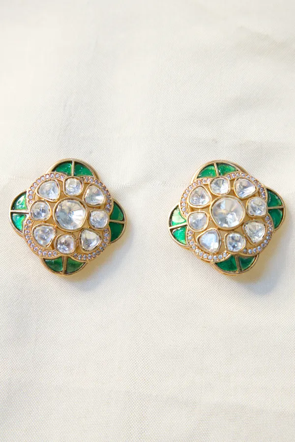 Multicolor_Alloy_Kundan_Green_Enamel_Stud_Earrings_For_Women