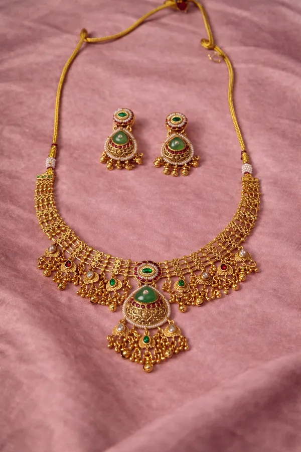 Multicolor_Antique_Gold_Green_Stone_Necklace_Set_For_Women