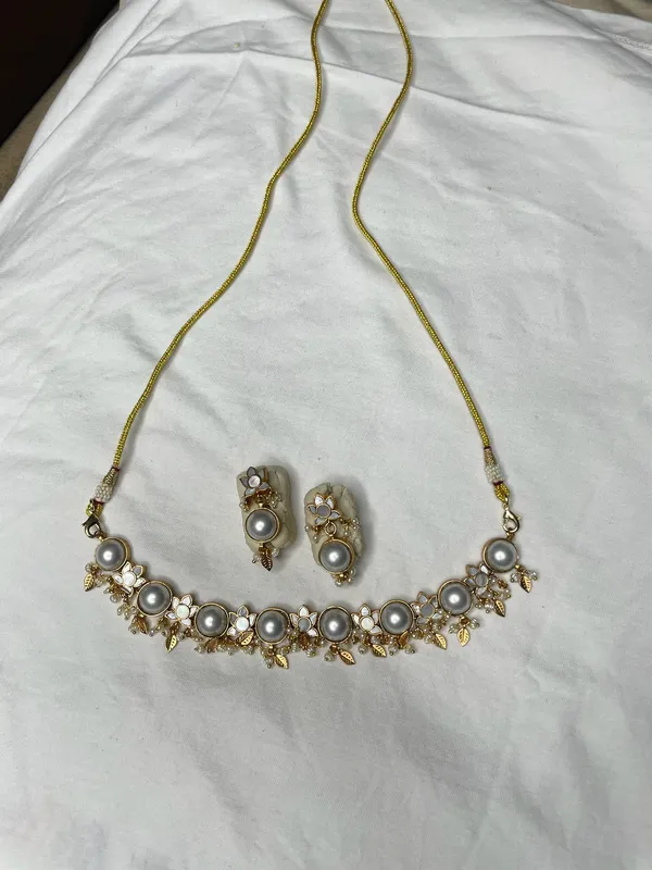 White_Pearl_Gold-Toned_Necklace_Set_With_Matching_Earrings_For_Women