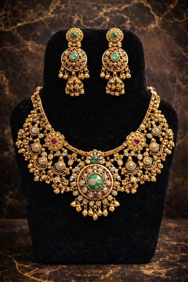 Multicolor_Antique_Gold_Kundan_Necklace_Set_For_Women