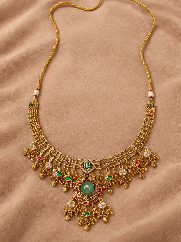 Antique_Gold-Toned_Kundan_Green_Red_Stone_Necklace_Set_For_Women