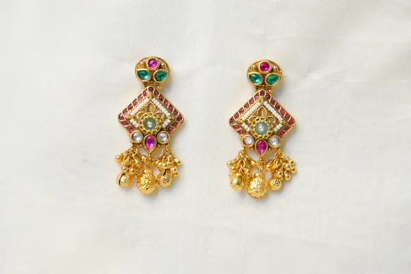 Gold_Toned_Multi_Stone_Floral_Drop_Earrings_For_Women