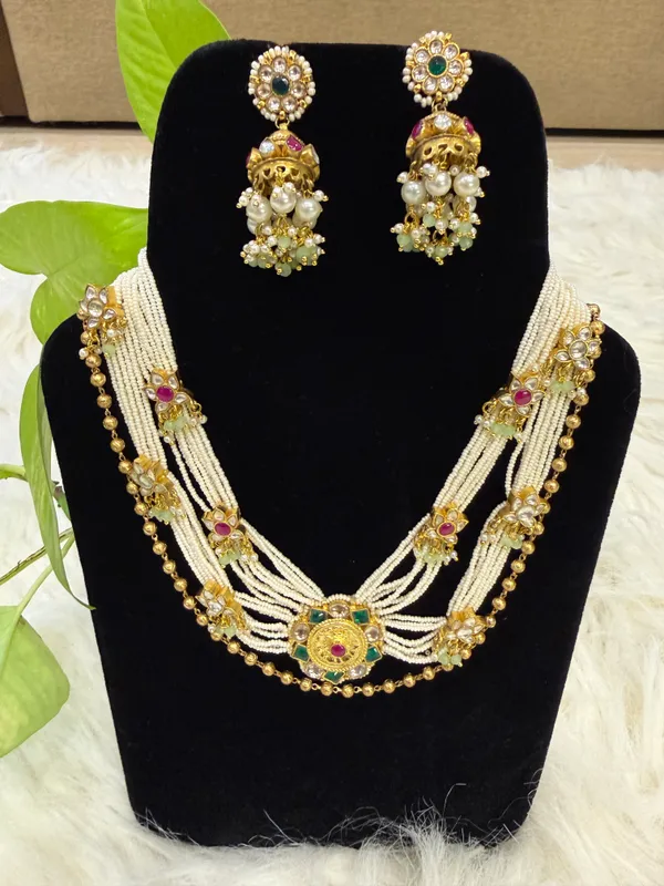 Multicolor_Alloy_Antique_Gold_Pearl_Strand_Necklace_Jhumka_Set_For_Women
