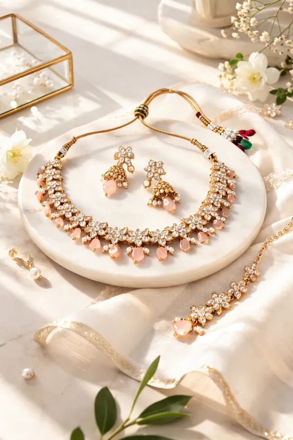 Peach_Gold-Tone_Kundan_Necklace_Set_With_Earrings_&_Maang_Tikka_For_Women