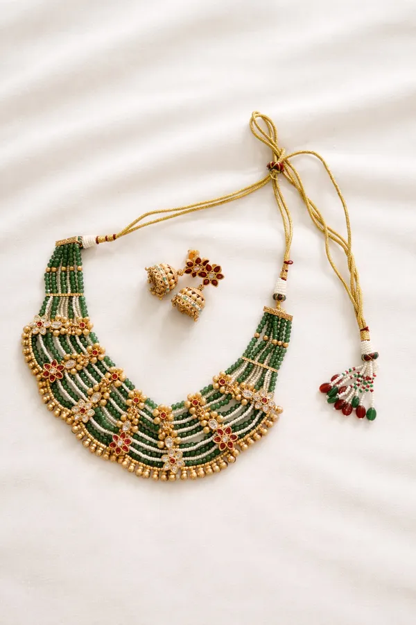 Green_Antique_Gold_Beaded_Traditional_Necklace_Set_For_Women
