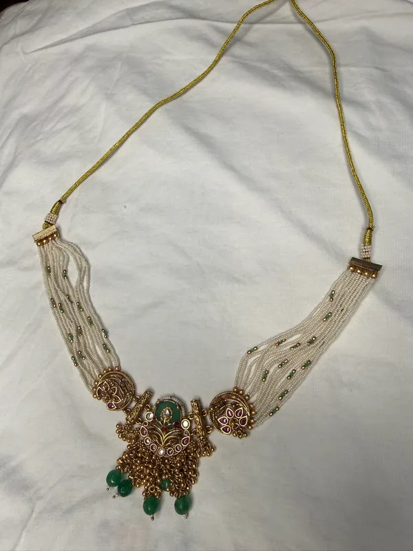 Multicolor_Antique_Gold_Peacock_Green_Stone_Necklace_Jhumka_Set_For_Women