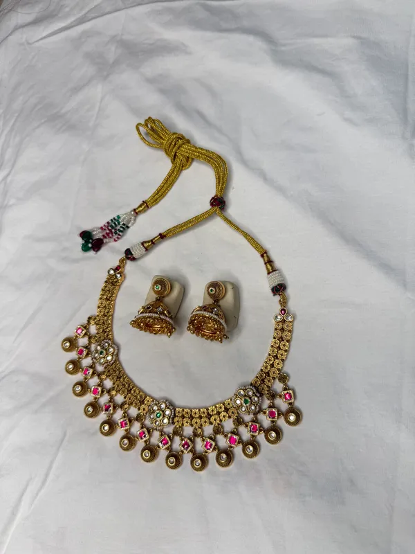 Antique_Gold-Toned_Pink_Green_Stone_Necklace_And_Jhumka_Set_For_Women