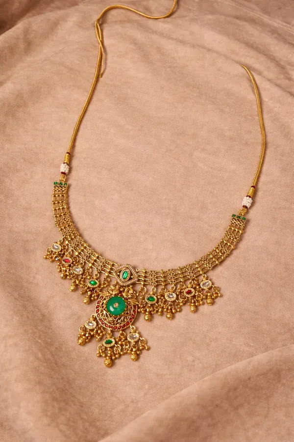 Multicolor_Antique_Gold_Green_Stone_Necklace_Set_For_Women