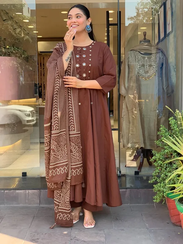 Brown_Cotton_Blend_Anarkali_Kurta_Set_with_Bandhani_Print_Dupatta_for_Women