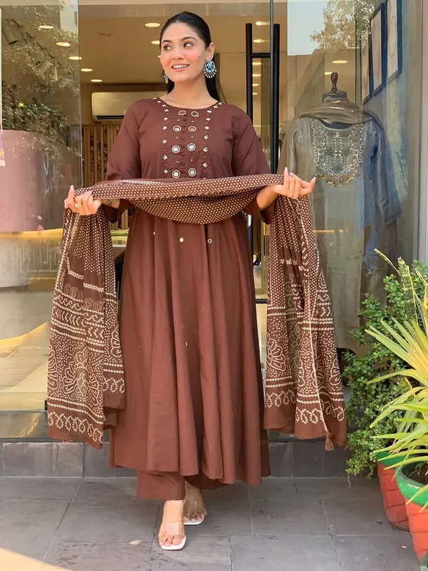 Brown_Cotton_Blend_Anarkali_Kurta_Set_with_Bandhani_Print_Dupatta_for_Women