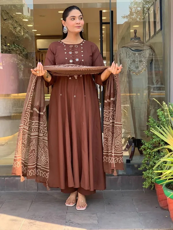 Brown_Cotton_Blend_Anarkali_Kurta_Set_with_Bandhani_Print_Dupatta_for_Women