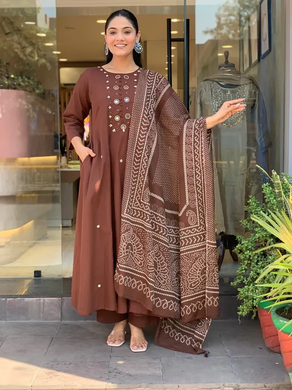 Brown_Cotton_Blend_Anarkali_Kurta_Set_with_Bandhani_Print_Dupatta_for_Women