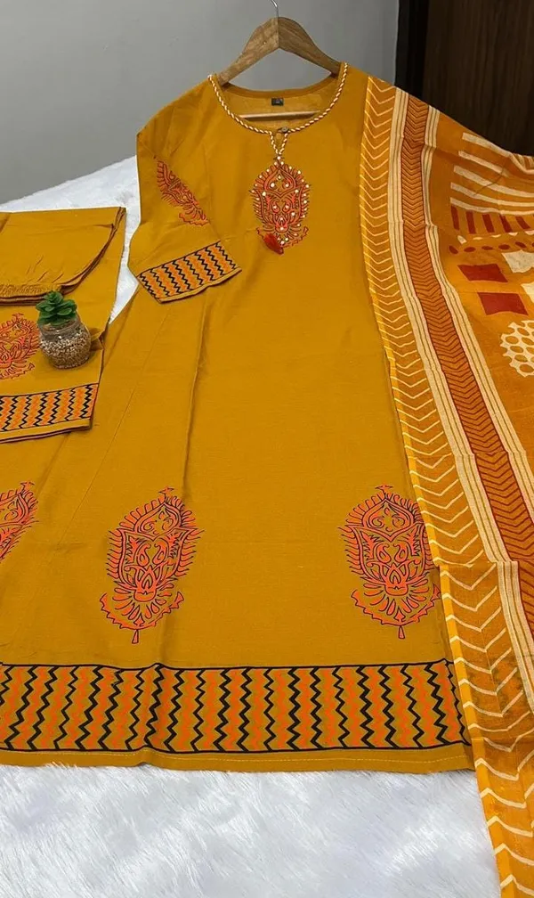 Mustard_Yellow_Kurta_Set_With_Embroidered_Yoke_And_Printed_Dupatta