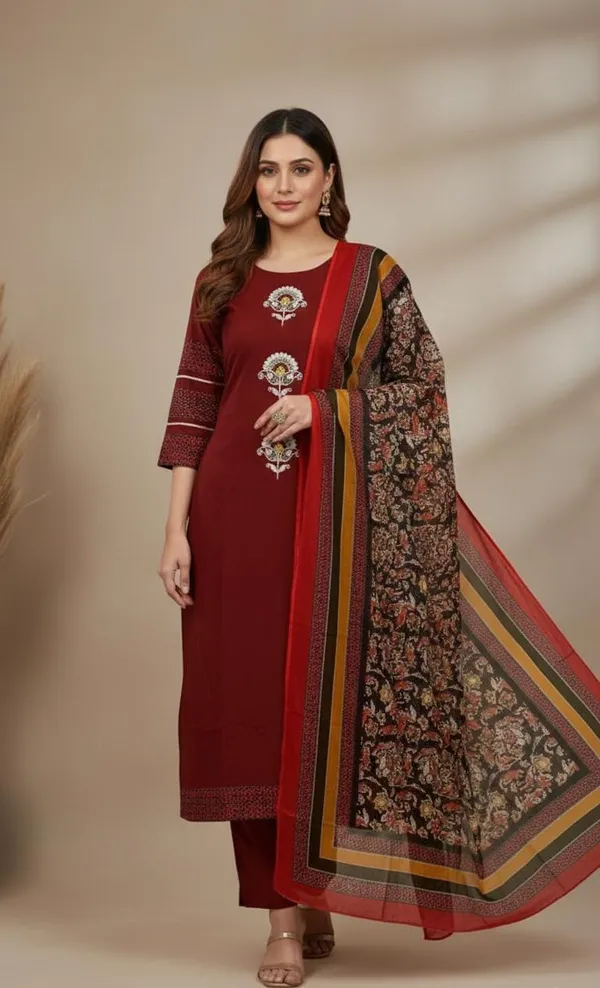 Red_Kurta_Set_With_Embroidered_Motifs_And_Printed_Dupatta