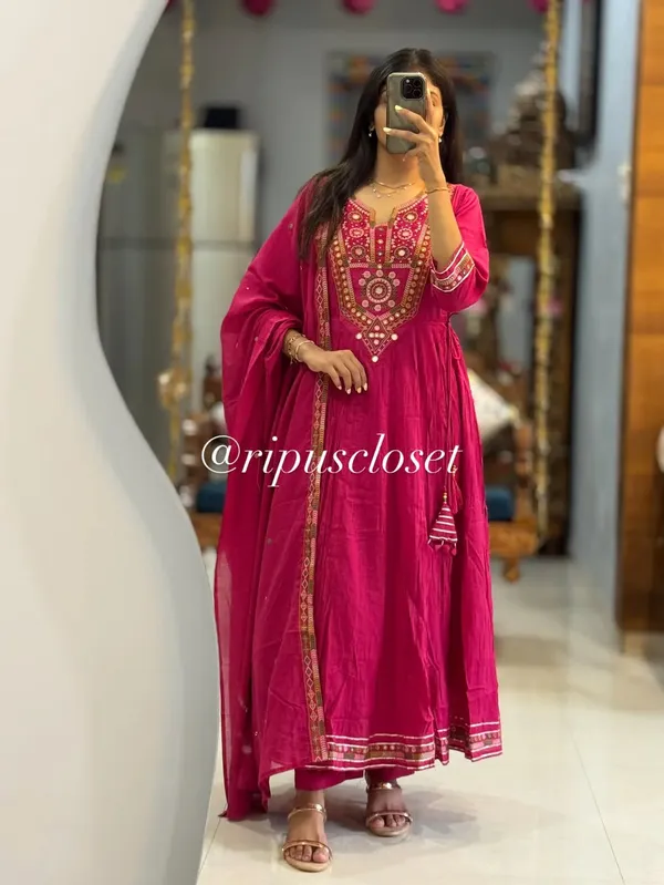 Hot_Pink_Mirror_Work_Anarkali_Kurta_Set_With_Dupatta