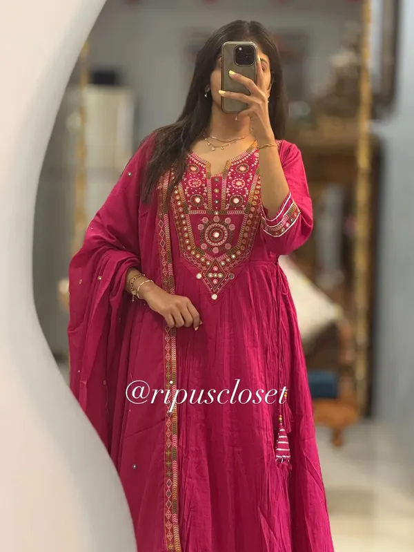 Hot_Pink_Mirror_Work_Anarkali_Kurta_Set_With_Dupatta