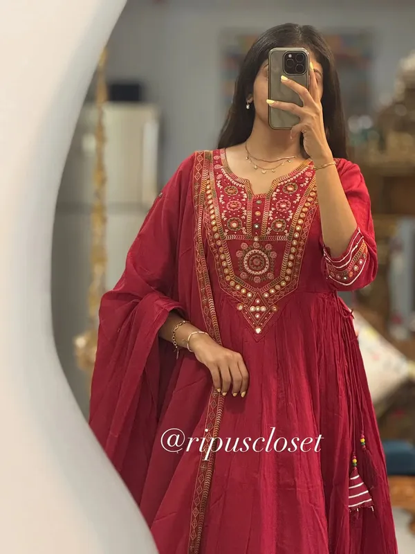 Maroon_Mirror_Work_Anarkali_Kurta_Set_With_Dupatta