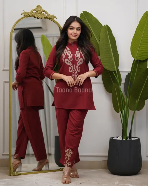 Maroon_Embroidered_Co-Ord_Set_for_Women_|_Elegant_Kurti_Pant_Set