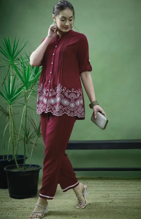 Maroon_Embroidered_Co-Ord_Set_For_Women_|_Stylish_Shirt_&_Straight_Pant_Set