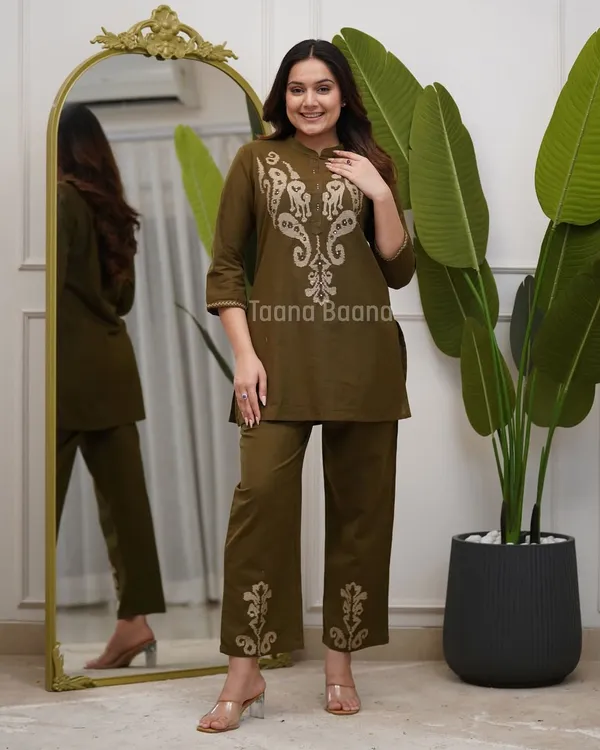 Olive_Green_Embroidered_Co-Ord_Set_for_Women_|_Stylish_Kurti_&_Pant_Set