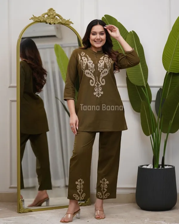 Olive_Green_Embroidered_Co-Ord_Set_for_Women_|_Stylish_Kurti_&_Pant_Set