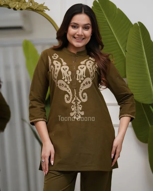 Olive_Green_Embroidered_Co-Ord_Set_for_Women_|_Stylish_Kurti_&_Pant_Set