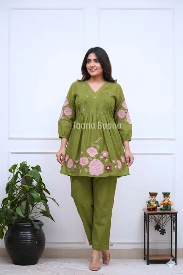 Olive_Green_Floral_Embroidered_Co-Ord_Set_For_Women_|_Stylish_Peplum_Kurti_&_Pant_Set