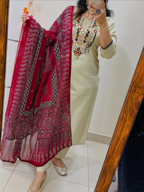 White_Jaipuri_Hand_Embroidered_Kurta_Set_With_Ajrakh_Print_Dupatta