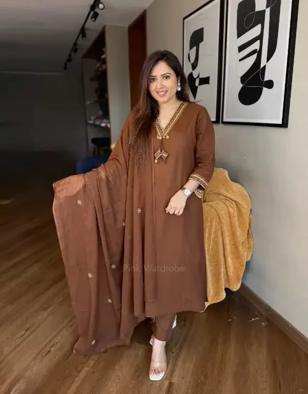 Brown_Embroidered_Kurta_Set_With_Matching_Dupatta