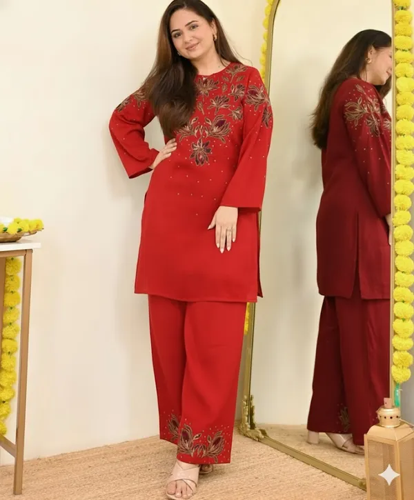 Red_Embroidered_Kurti_Pant_Set_For_Women_|_Elegant_Festive_&_Casual_Wear_Co-Ord_Set