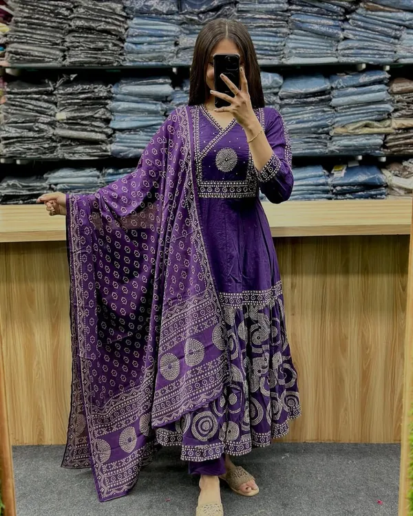 Blue_V_Neck_Heavy_Anarkali_Kurti,_Pant_With_Dupatta