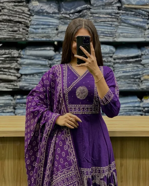 Blue_V_Neck_Heavy_Anarkali_Kurti,_Pant_With_Dupatta