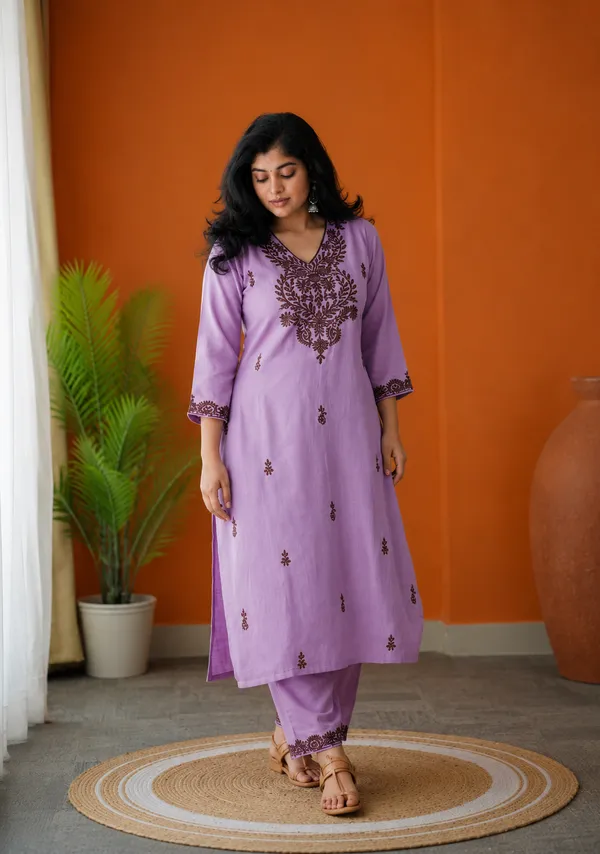 Lavender_Embroidered_Kurta_Set_With_Straight_Pants_For_Women