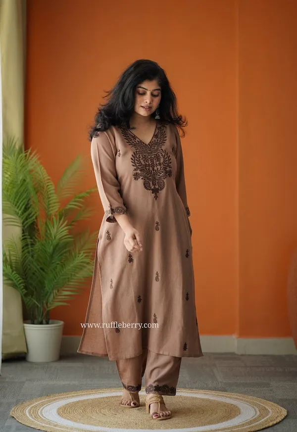 Brown_Embroidered_Kurta_Set_with_Straight_Pants_for_Women