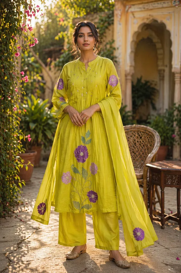 Olive_Yellow_Mul_Chanderi_Anarkali_Kurta_Set_With_Dupatta_For_Women