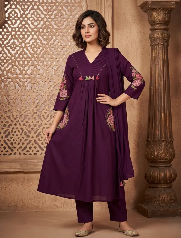 Wine_colour_embroidery_with_pockets_pure_Cotton_Kurta_Set_With_Dupatta_For_Women