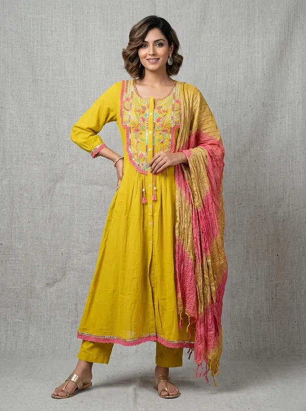 Lime_Yellow_Mul_Cotton_Kurta_Set_With_Dupatta_For_Women
